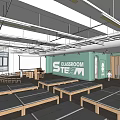 Spacious Kindergarten STEAM Classroom Interior With Green Walls And Wooden Tables And Chairs