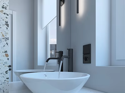 Modern Bathroom Interior Design With White Basin Black Faucet Terrazzo Wall Mirror And Wall Lights 3d model