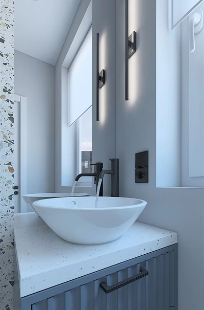 Modern Bathroom Interior Design With White Basin Black Faucet Terrazzo Wall Mirror And Wall Lights 3d model