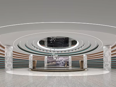 Modern Reception Desk Area With Circular Lighting Marble Columns Large Screen And Chandelier 3d model