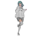 Stylish Woman With Blue Hair Wearing White Sweatshirt With Black Patterns And Plaid Skirt