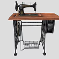 Vintage Sewing Machine On Wooden Table With Metal Frame And Storage Shelf
