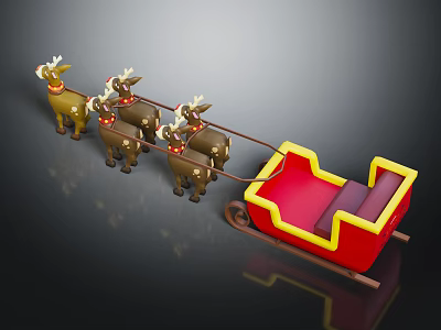 Decorated Reindeer Team Pulling Red Sleigh With Yellow Trim And Festive Design 3d model