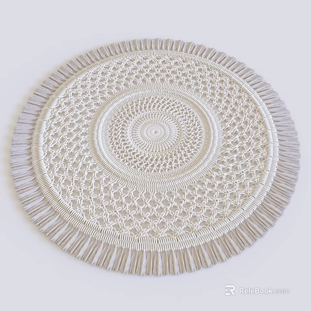 Round Handwoven Rug With Intricate Circular Pattern And Fringe Trim 3d model 