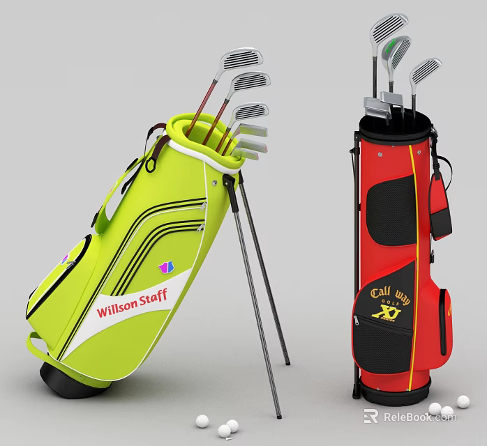 High Quality Golf Bags with Clubs Wilson Staff Yellow and Callaway Red Standing Designs 3d model 