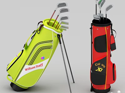 High Quality Golf Bags with Clubs Wilson Staff Yellow and Callaway Red Standing Designs 3d model