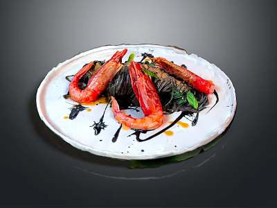 Red Cooked Shrimp on Black Pasta with Sauce and Garnish on White Plate 3d model