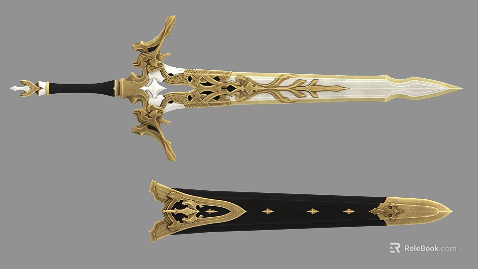 Ornate Decorative Sword With Golden Ornamentation Silver Blade And Black Scabbard 3d model 