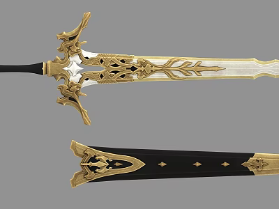 Ornate Decorative Sword With Golden Ornamentation Silver Blade And Black Scabbard 3d model