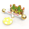 Colorful Playful Scene Components Featuring Cacti Red White Striped Barrier And Yellow Mushroom