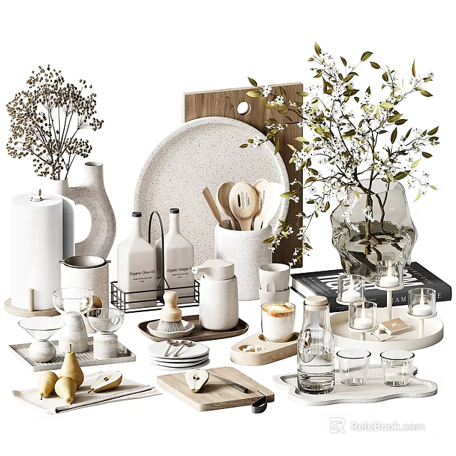 Minimalist Home Decorative Ornament Set With Ceramic Vases Plants Plates Wooden Cutting Board And Tableware 3d model 