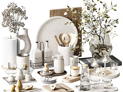Minimalist Home Decorative Ornament Set With Ceramic Vases Plants Plates Wooden Cutting Board And Tableware 3d model