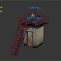 Blue Watchtower Structure With Metal Staircase Railing And Brick Base