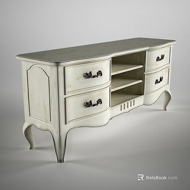 Elegant White TV Stand With Drawers Open Shelves And Curved Legs 3d model 