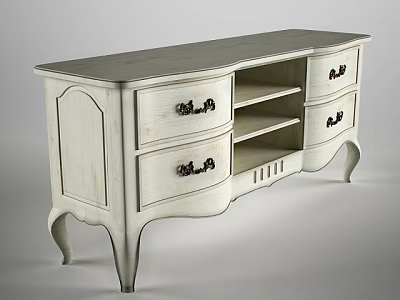 Elegant White TV Stand With Drawers Open Shelves And Curved Legs 3d model