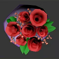 Red Rose Bouquet Wrapped in Purple Paper With Green Leaves Red Berries and Pink Bow