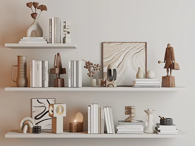 Minimalist Decorative Ornament Set with Books Vases and Framed Art on Wooden Shelves 3d model