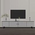 Modern Striped TV Stand With Black TV Vase And Decor On Wooden Floor