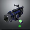 Blue 3D Sci Fi Weapon Cannon With Metallic Barrel Green Glowing Part And Yellow Label 3d model