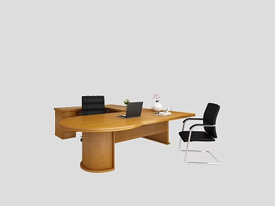Wooden L Shaped Office Desk with Laptop Vase and Black Metal Leg Chairs 3d model