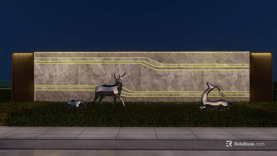 Feature Wall Night View With Stone Texture Yellow Strip Lighting And Deer Sculptures On Grass 3d model 