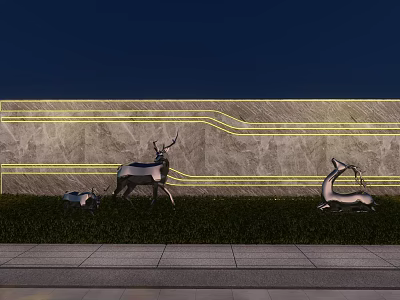 Feature Wall Night View With Stone Texture Yellow Strip Lighting And Deer Sculptures On Grass 3d model