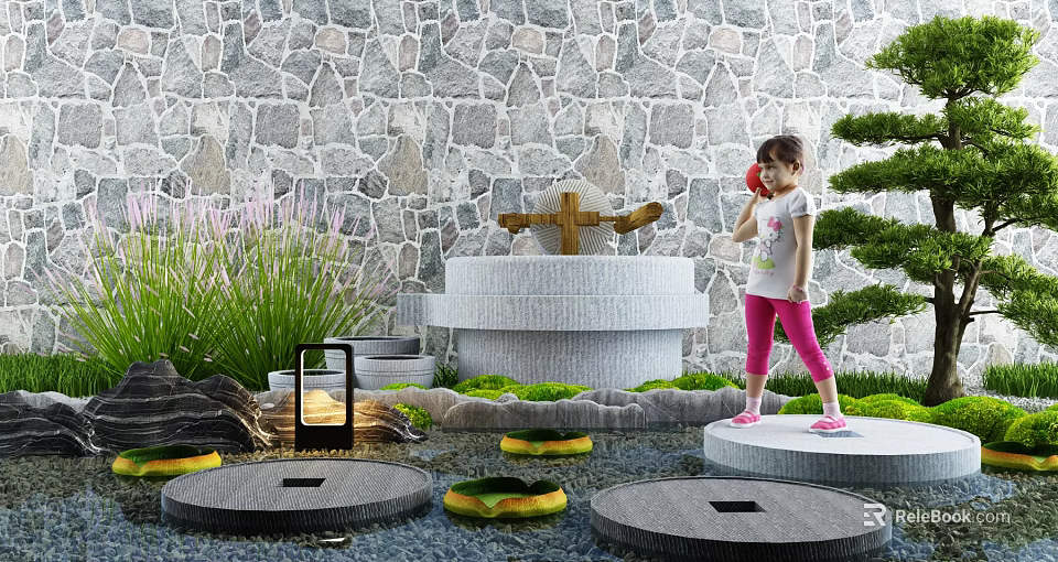 Serene Garden Courtyard With Stone Wall Fountain Lush Greenery Stepping Stones and Child Playing 3d model 