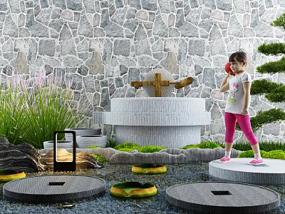 Serene Garden Courtyard With Stone Wall Fountain Lush Greenery Stepping Stones and Child Playing 3d model