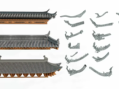 Traditional Chinese Architectural Components With Roof Tiles Eave Decorations And Dragon Shaped Parts 3d model