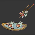 Decorative Ornament Set With Bowl Shaped Container Blue Liquid Fish Figurines And Chopsticks
