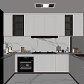 Modern Kitchen Interior Design With White Cabinets Black Appliances Marble Countertops And Window Blinds