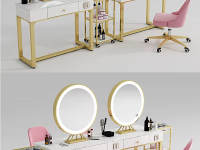 Elegant Dressing Table With Gold Frame White Countertop Round Mirrors And Pink Chair 3d model