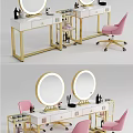 Elegant Dressing Table With Gold Frame White Countertop Round Mirrors And Pink Chair