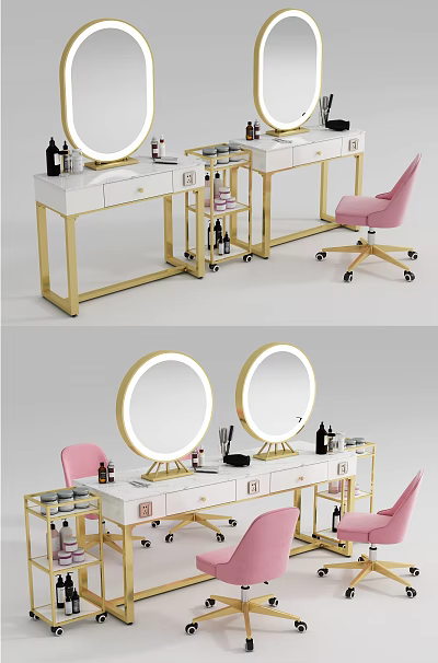 Elegant Dressing Table With Gold Frame White Countertop Round Mirrors And Pink Chair 3d model