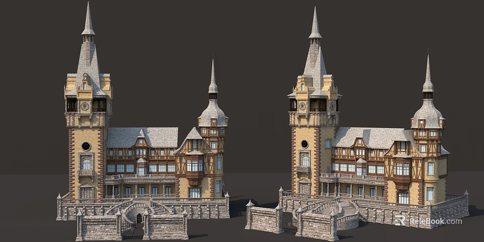 Historic Ancient Architecture With Symmetrical Towers Stone Carvings And Arched Entrances 3d model 
