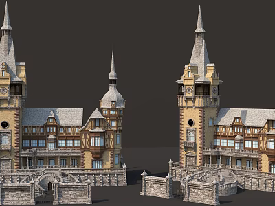 Historic Ancient Architecture With Symmetrical Towers Stone Carvings And Arched Entrances 3d model
