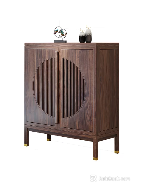 Traditional Dark Wooden Sideboard With Circular And Vertical Slat Doors And Gold Legs 3d model 