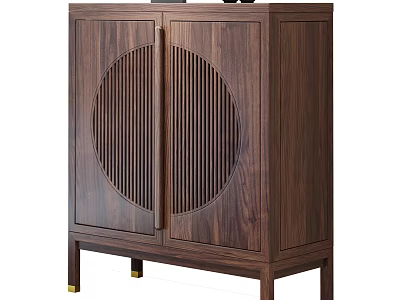 Traditional Dark Wooden Sideboard With Circular And Vertical Slat Doors And Gold Legs 3d model