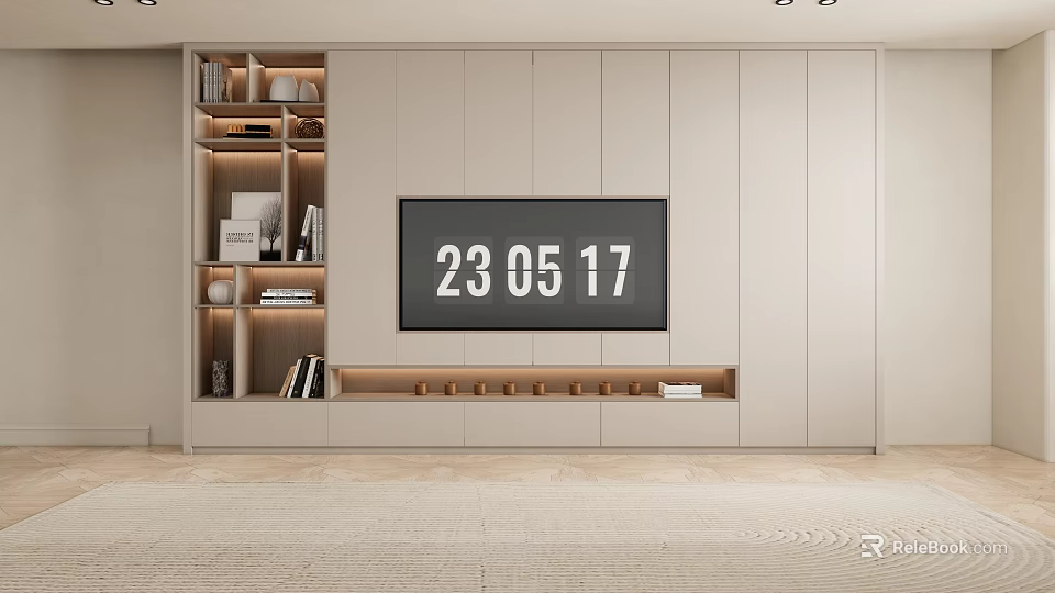 Modern TV Wall Unit With Open Storage Shelves And Decorative Books 3d model 
