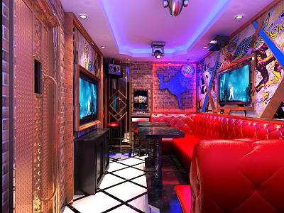 KTV Interior Design With Red Sofas TV Screens Neon Lights And Brick Walls 3d model