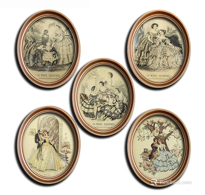 Vintage Photo Wall with Oval Frames Featuring Illustration Characters and Scenes 3d model