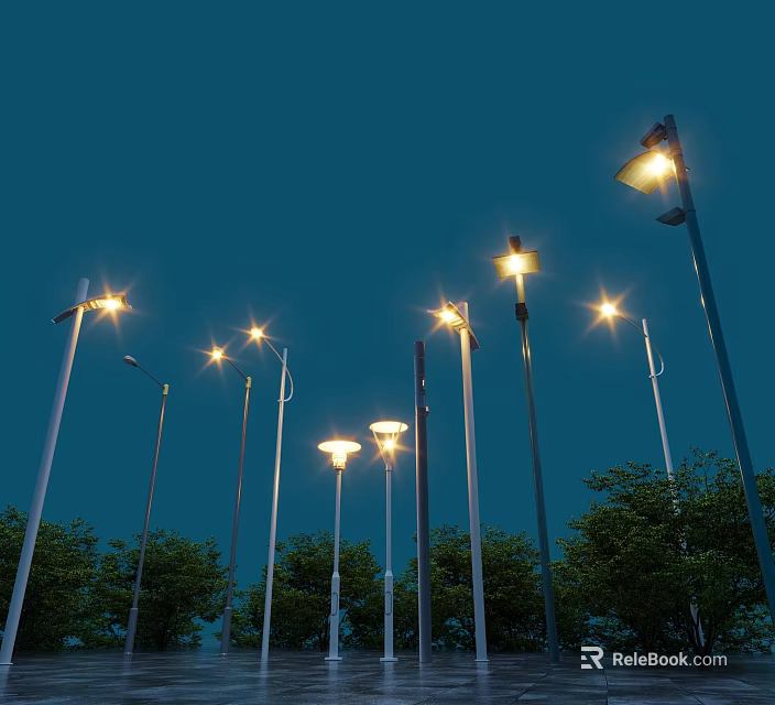 Municipal Road With Illuminated Street Lamps Under Night Sky And Trees 3d model 