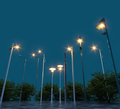 Municipal Road With Illuminated Street Lamps Under Night Sky And Trees 3d model