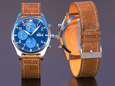 Luxury Chronograph Watch With Blue Dial Brown Leather Strap And Silver Case Front Back View 3d model