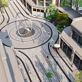 Modern Commercial Street With Wooden Entrance Arch High Rise Buildings Shops Green Trees And Pedestrians
