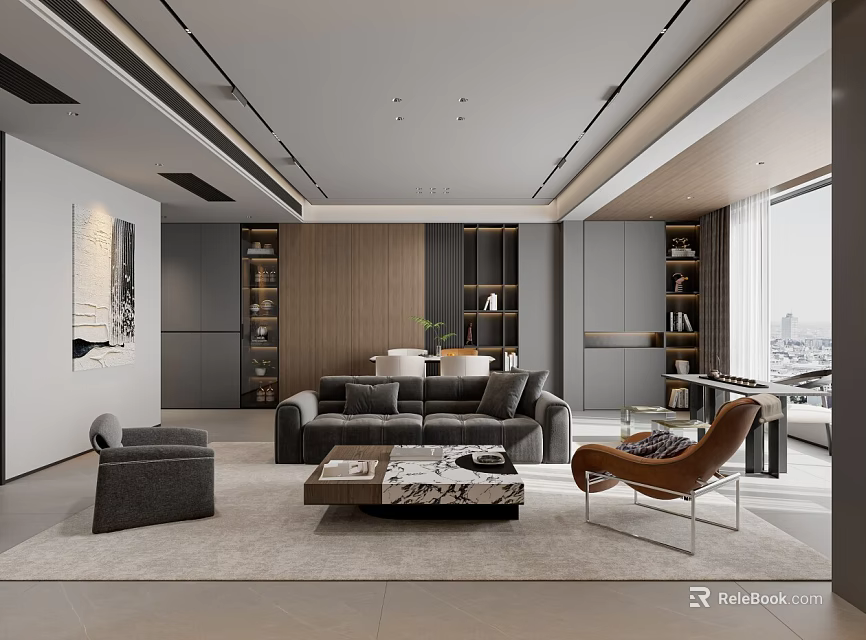 Modern Minimalist Living And Dining Room Interior With Comfortable Sofas And Built In Storage Cabinets 3d model 