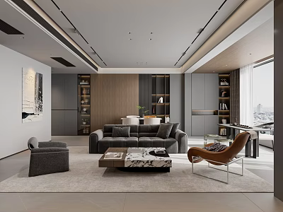 Modern Minimalist Living And Dining Room Interior With Comfortable Sofas And Built In Storage Cabinets 3d model