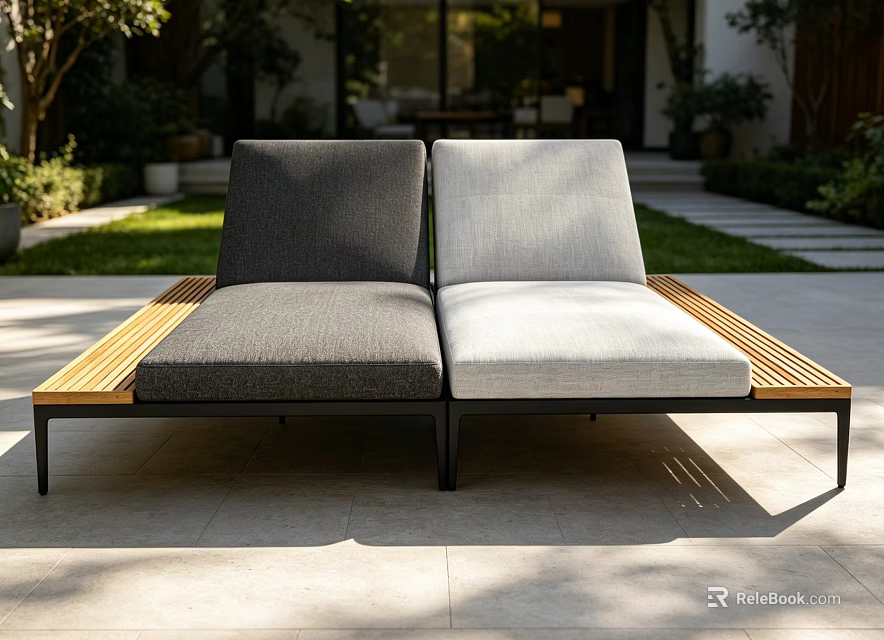 Comfortable Double Seater Outdoor Fabric Chaise Lounge With Wooden Side Panels For Courtyard Leisure Time 3d model 