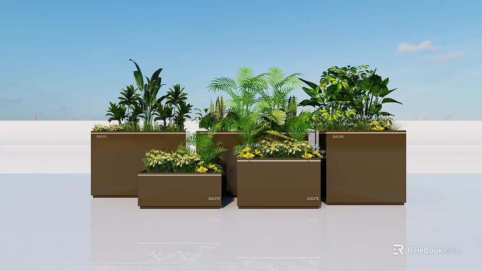 Brown Flower Pots With Different Sizes And Green Plants In Outdoor Area 3d model 