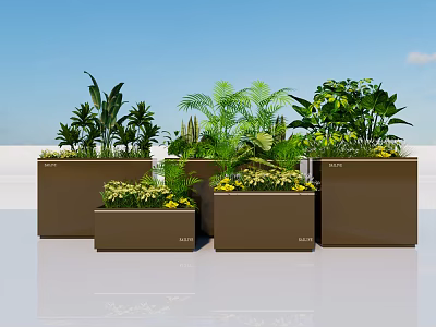 Brown Flower Pots With Different Sizes And Green Plants In Outdoor Area 3d model
